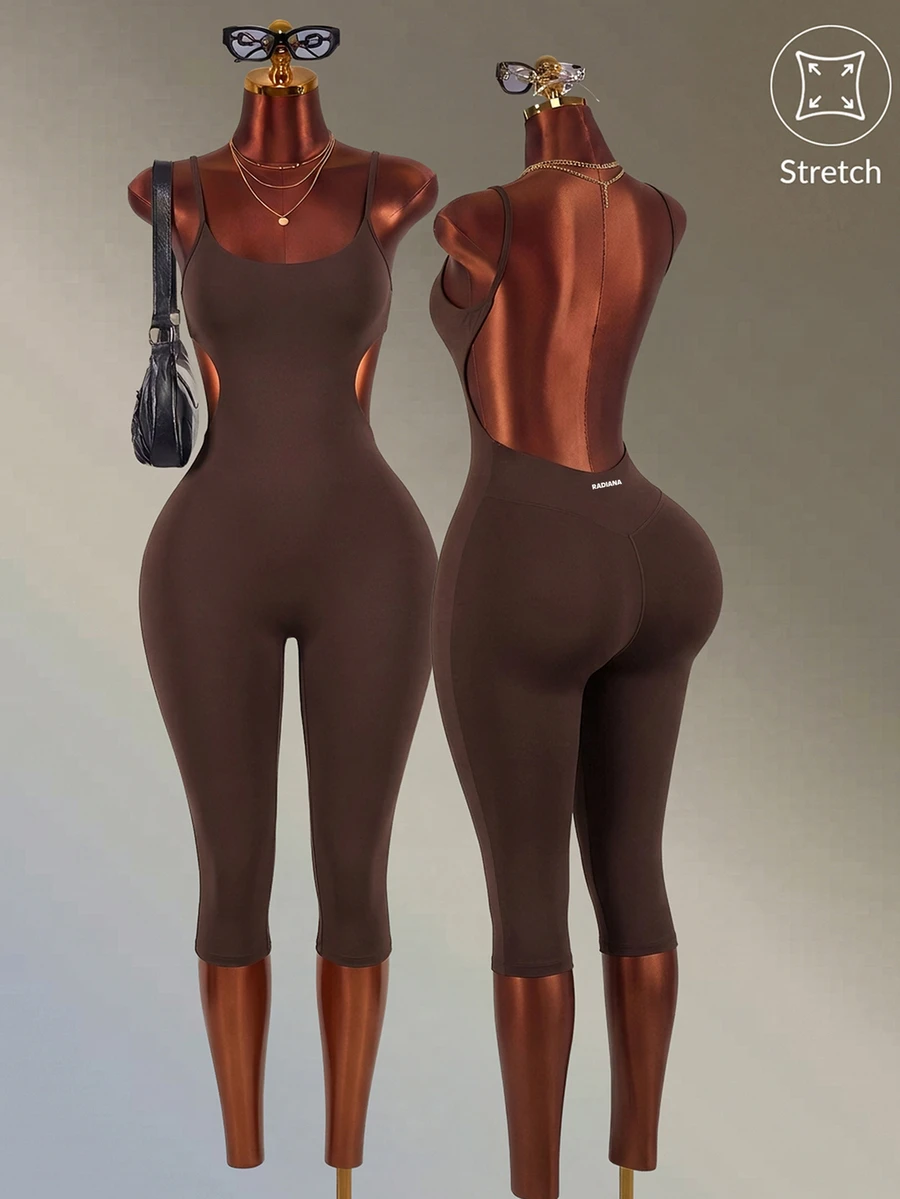 Amplova Women's Black & Brown Spaghetti Strap Backless 7/8 Length Sports Jumpsuit - Brown - View 1