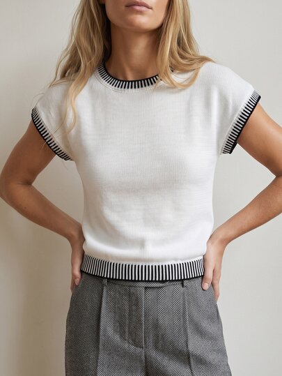Sprig & Strand European And American Spring/Summer Women's Black And White Contrast Striped Round Neck Minimalist Commute Casual Versatile Short Sleeve Knit Sweater
