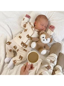 SHEIN Adorably Cute Newborn Baby Boy Button Up Bear Print Long Sleeve Top And Pants Soft Sleepwear Comfortable Pajama Set Neutral - White - View 1