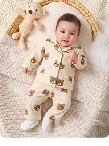 SHEIN Adorably Cute Newborn Baby Boy Button Up Bear Print Long Sleeve Top And Pants Soft Sleepwear Comfortable Pajama Set Neutral - White - View 6