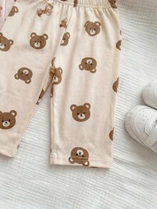 SHEIN Adorably Cute Newborn Baby Boy Button Up Bear Print Long Sleeve Top And Pants Soft Sleepwear Comfortable Pajama Set Neutral - White - View 5