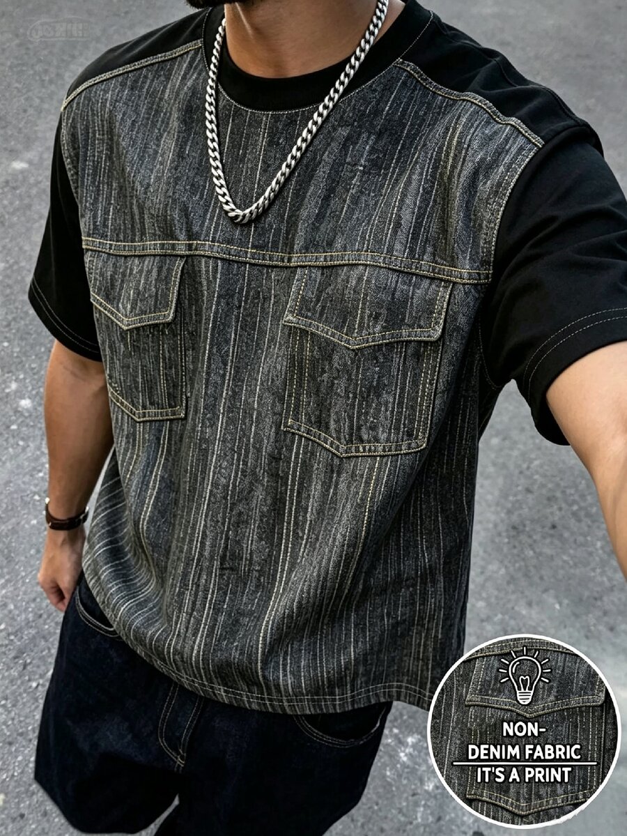 Resyla Men 男士寬鬆短袖夏季上衣，復古黑色圖案印花，街頭風，休閒百搭版型，舒適面料，戶外街頭穿搭 - 彩色 - 查看 1