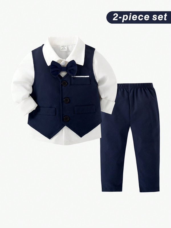 2 Pieces Navy Blue Gentleman Outfit For Baby Boys,Includes Solid Vest And Pants,Elegant Summer Wedding,Birthday Party,Banquet Performance Bow Outfit