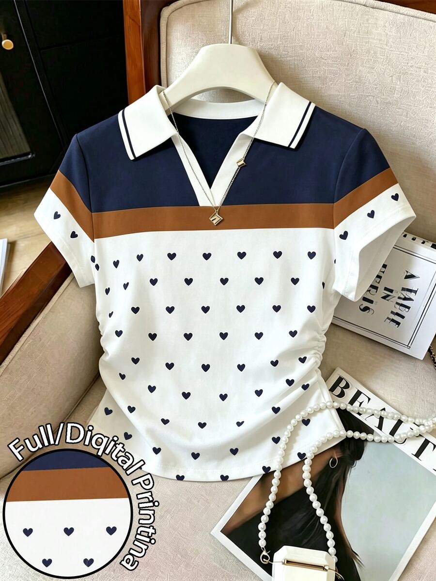 Franclia Women's Versatile Elegant Waist-Cinched Colorful Striped Patchwork Short Sleeve Lover's Heart Print Casual Polo Shirt - Multicolor - View 1