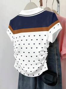 Franclia Women's Versatile Elegant Waist-Cinched Colorful Striped Patchwork Short Sleeve Lover's Heart Print Casual Polo Shirt - Multicolor - View 2