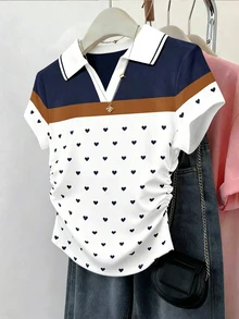 Franclia Women's Versatile Elegant Waist-Cinched Colorful Striped Patchwork Short Sleeve Lover's Heart Print Casual Polo Shirt - Multicolor - View 3