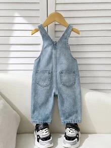 SHEIN 男嬰時尚可愛小熊張仔淺藍色寬鬆牛仔腰帶牛仔褲，適合日常穿著 - 藍色 - 查看 2
