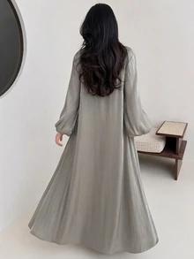 Yasveil روب ماكسي من الأورجانزا اللامع بلون الشمبانيا، بأكمام منفوخة وفتحة أمامية وتصميم واسع، مع فستان داخلي أبيض، مناسب لحفلات الزفاف وفعاليات بداية الخريف - أخضر - مشاهدة 2