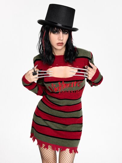 A Nightmare on Elm Street X ROMWE Ensemble 2 pièces robe pull ajustée ultra courte sans manches à bretelles spaghetti, couleurs contrastées, collaboration film d'horreur, Halloween