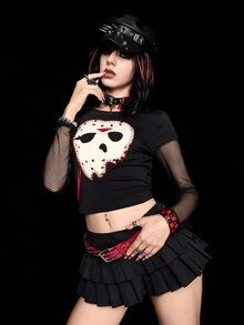 Friday the 13th X ROMWE Women's Patchwork Embroidered Fishnet Sleeve Top, Sexy Hip Hop Style - Black - View 5