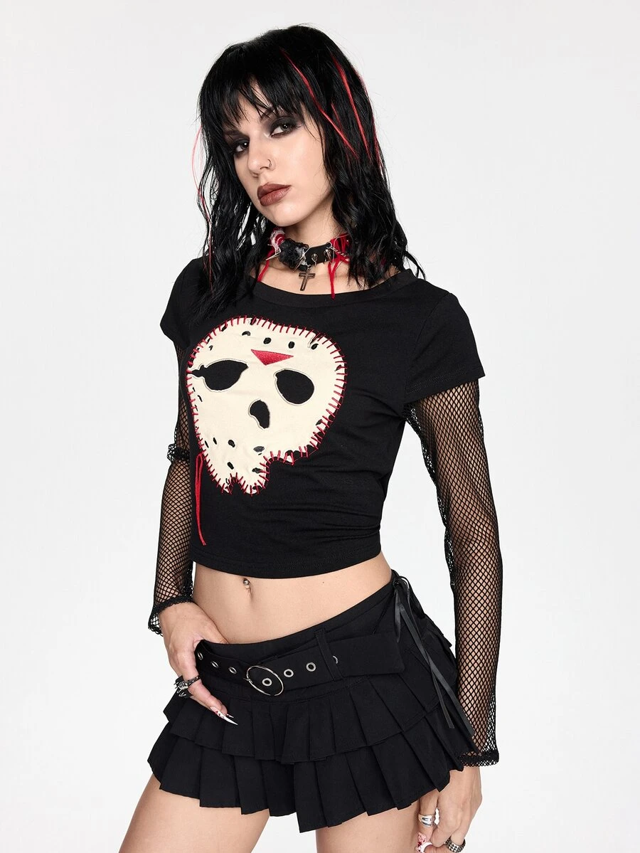 Friday the 13th X ROMWE Women's Patchwork Embroidered Fishnet Sleeve Top, Sexy Hip Hop Style - Black - View 1