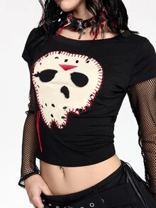 Friday the 13th X ROMWE Women's Patchwork Embroidered Fishnet Sleeve Top, Sexy Hip Hop Style - Black - View 2