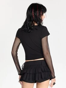 Friday the 13th X ROMWE Women's Patchwork Embroidered Fishnet Sleeve Top, Sexy Hip Hop Style - Black - View 4