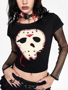 Friday the 13th X ROMWE Women's Patchwork Embroidered Fishnet Sleeve Top, Sexy Hip Hop Style - Black - View 3