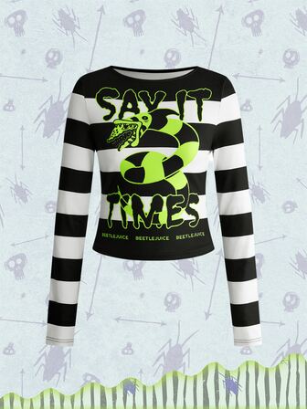 Beetlejuice X ROMWE Camiseta de manga larga ajustada para mujer con estampado de rayas y patrón de serpiente de película de terror
