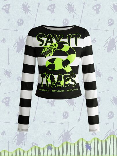 Beetlejuice X ROMWE Camiseta de manga larga ajustada para mujer con estampado de rayas y patrón de serpiente de película de terror