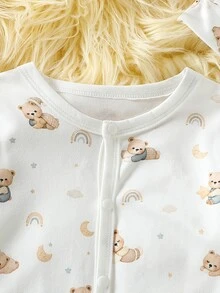 SHEIN 新生兒米色小熊星星月亮彩虹圖案長袖長褲連身衣與配套可愛帽子套裝 - 白色 - 查看 4