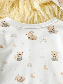 SHEIN 新生兒米色小熊星星月亮彩虹圖案長袖長褲連身衣與配套可愛帽子套裝 - 白色 - 查看 7