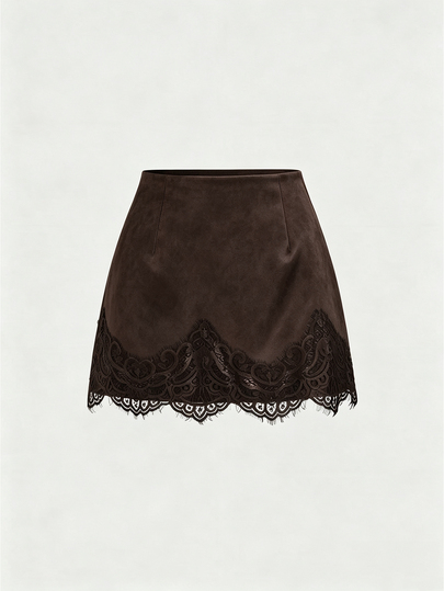 SHEIN x Luisa Sonza Sweetra French Elegant Vintage Suede Brown Fashion Lace Patchwork Off-Duty Design Lazy Early Spring New Arrival Hot Girl High-End Women's Skirt