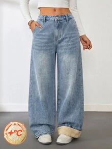 SHEIN 青少年女孩秋冬藍色牛仔刷毛內裡寬鬆長褲 冬季返校穿著 柔軟保暖 - 藍色 - 查看 4