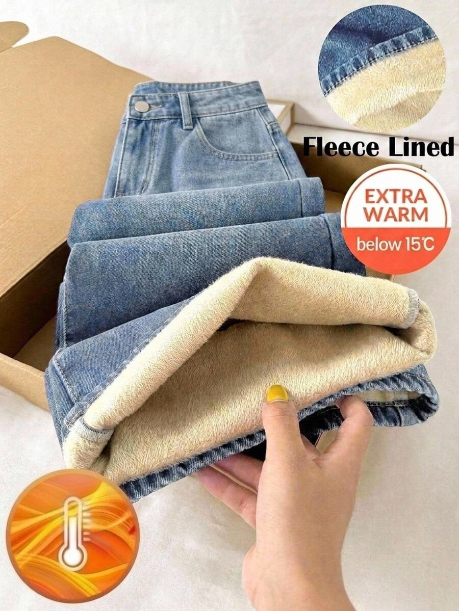 SHEIN Celana Panjang Longgar Denim Biru Berlapisan Bulu untuk Anak Perempuan Remaja Musim Gugur/Dingin, Lembut dan Hangat, Cocok untuk Kembali ke Sekolah di Musim Dingin - Biru - View 1