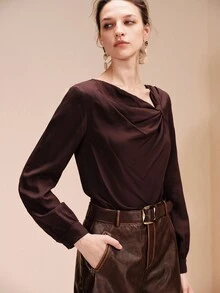 Arave Women's Solid Color Pleated Casual Versatile Daily Wear Blouse - Brown - View 5