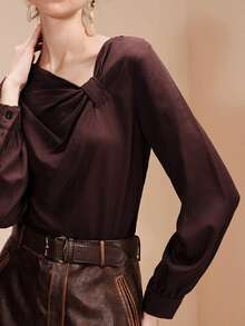 Arave Women's Solid Color Pleated Casual Versatile Daily Wear Blouse - Brown - View 1