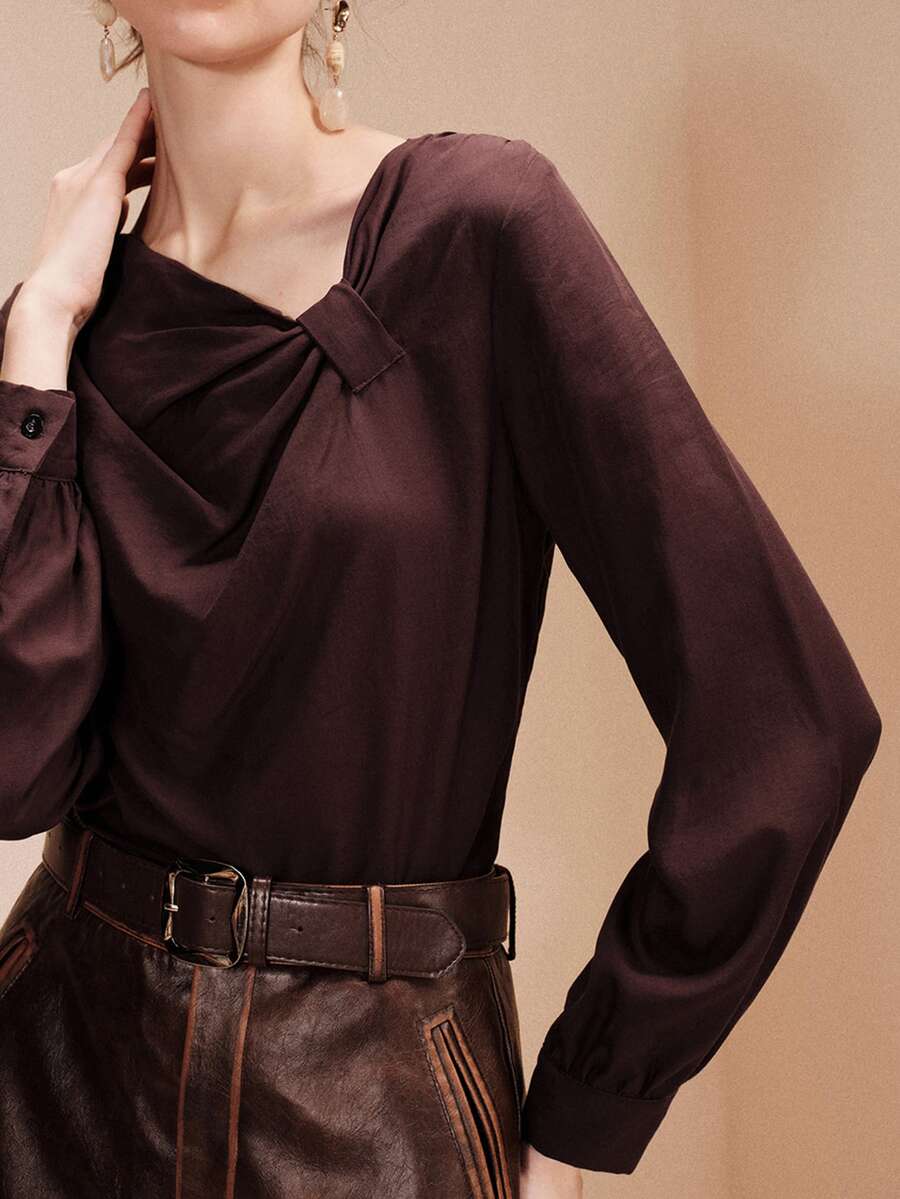 Arave Women's Solid Color Pleated Casual Versatile Daily Wear Blouse - Brown - View 1