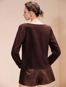 Arave Women's Solid Color Pleated Casual Versatile Daily Wear Blouse - Brown - View 3