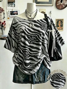 Lalippa 女款大尺碼動物印花寬肩落肩上衣，不對稱領口，適合表演與外出休閒，送友禮物 - 彩色 - 查看 1