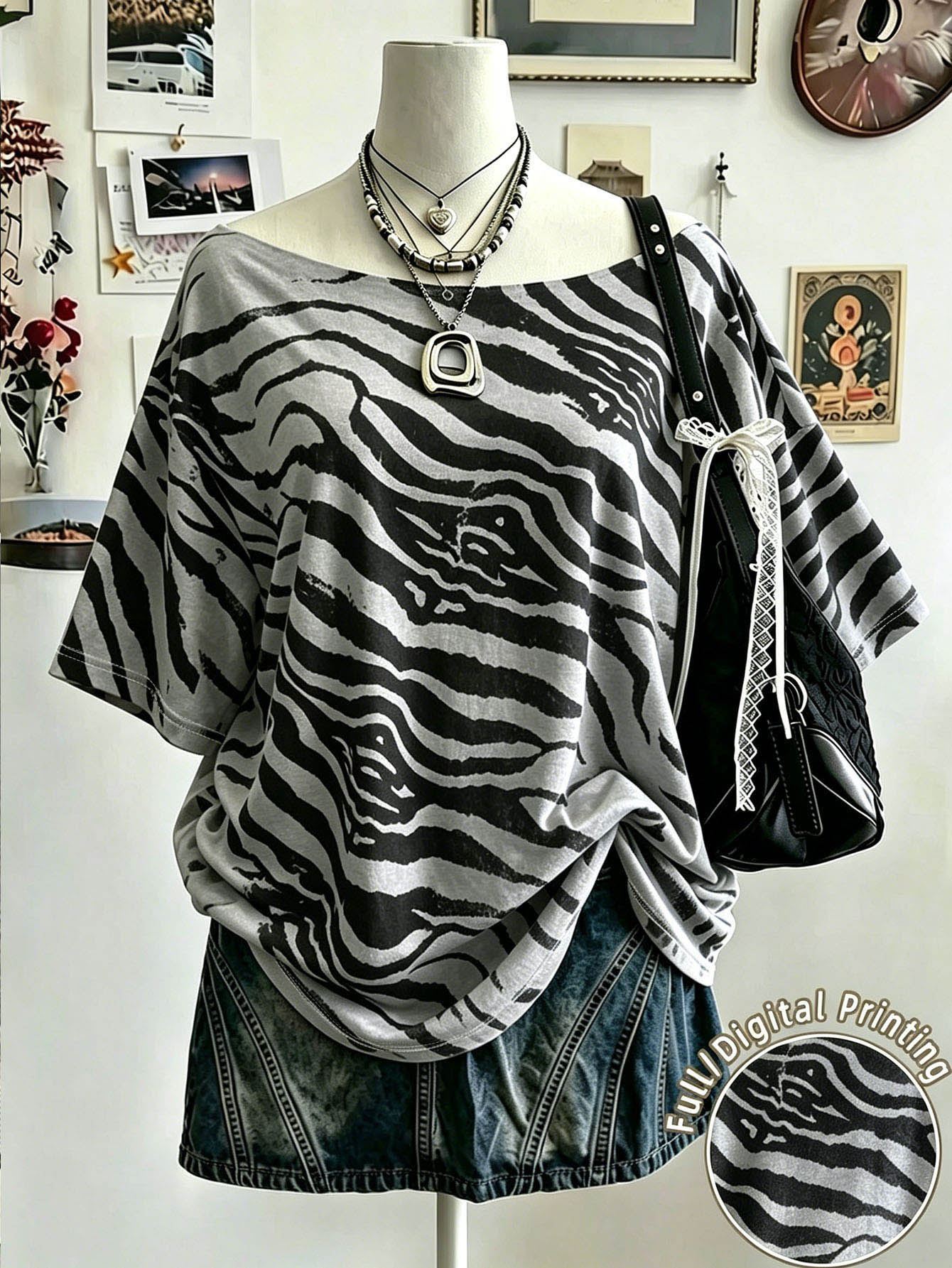 Lalippa 女款大尺碼動物印花寬肩落肩上衣，不對稱領口，適合表演與外出休閒，送友禮物 - 彩色 - 查看 1