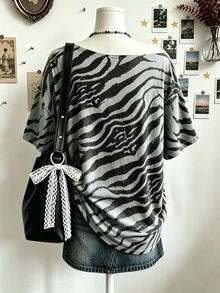 Lalippa 女款大尺碼動物印花寬肩落肩上衣，不對稱領口，適合表演與外出休閒，送友禮物 - 彩色 - 查看 2