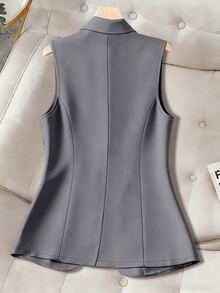 GlowEve CURVE Plus Size Solid Color Lapel Neck Sleeveless Button Decor Fashionable Blazer - Light Grey - View 2