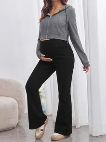 SHEIN 孕婦高腰休閒百搭喇叭褲 秋季女裝 牛仔女裝 黑色牛仔褲 - 黑色 - 查看 6