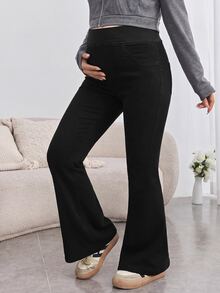 SHEIN 孕婦高腰休閒百搭喇叭褲 秋季女裝 牛仔女裝 黑色牛仔褲 - 黑色 - 查看 5