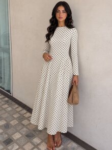 SHEIN 青少年女孩波點印花立領長袖優雅針織洋裝，白色波點婚禮秋季洋裝 - 黑與白 - 查看 8