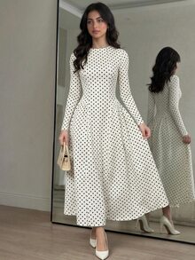 SHEIN 青少年女孩波點印花立領長袖優雅針織洋裝，白色波點婚禮秋季洋裝 - 黑與白 - 查看 9