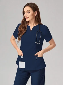 TaskEZ V-Neck Solid Color Short Sleeve Pocket Simple Care Scrub Uniform Top Scrub Set Nurse  Scrub Tops - Navy Blue - View 4
