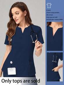 TaskEZ V-Neck Solid Color Short Sleeve Pocket Simple Care Scrub Uniform Top Scrub Set Nurse  Scrub Tops - Navy Blue - View 1