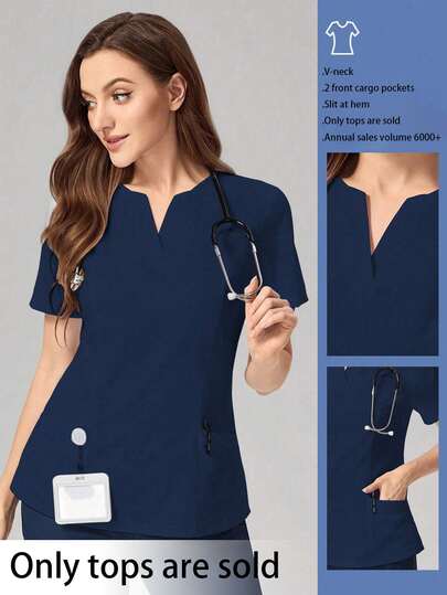 TaskEZ V-Neck Solid Color Short Sleeve Pocket Simple Care Scrub Uniform Top Scrub Set Nurse  Scrub Tops