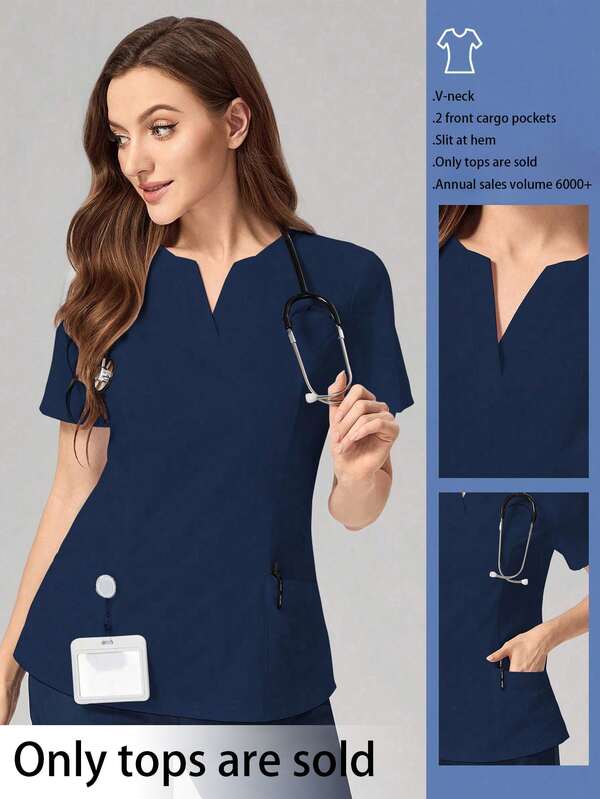 TaskEZ V-Neck Solid Color Short Sleeve Pocket Simple Care Scrub Uniform Top Scrub Set Nurse  Scrub Tops