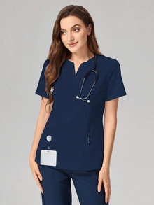 TaskEZ V-Neck Solid Color Short Sleeve Pocket Simple Care Scrub Uniform Top Scrub Set Nurse  Scrub Tops - Navy Blue - View 3