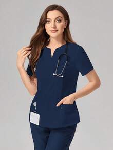 TaskEZ V-Neck Solid Color Short Sleeve Pocket Simple Care Scrub Uniform Top Scrub Set Nurse  Scrub Tops - Navy Blue - View 6