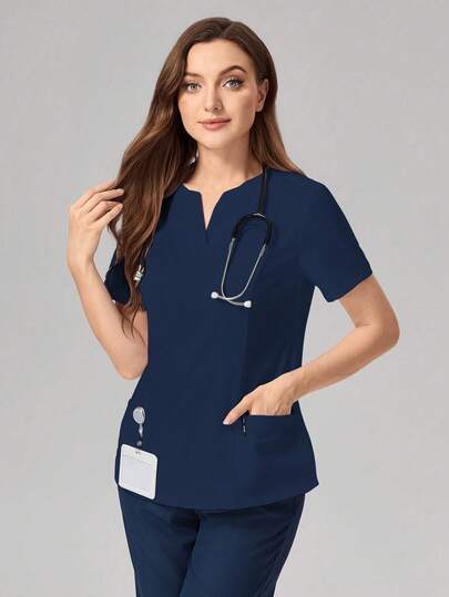 TaskEZ V-Neck Solid Color Short Sleeve Pocket Simple Care Scrub Uniform Top Scrub Set Nurse  Scrub Tops