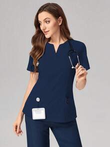 TaskEZ V-Neck Solid Color Short Sleeve Pocket Simple Care Scrub Uniform Top Scrub Set Nurse  Scrub Tops - Navy Blue - View 7