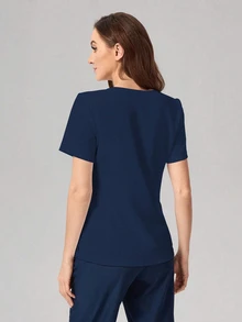 TaskEZ V-Neck Solid Color Short Sleeve Pocket Simple Care Scrub Uniform Top Scrub Set Nurse  Scrub Tops - Navy Blue - View 2