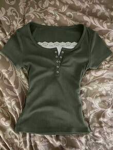 IslaSuriya Contrast Color Lace Trim 2 In 1 Women Short Sleeve T-Shirt - Multicolor - View 4