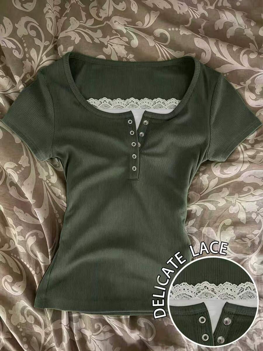 IslaSuriya Contrast Color Lace Trim 2 In 1 Women Short Sleeve T-Shirt - Multicolor - View 1