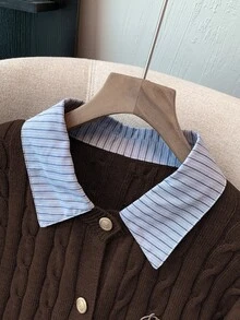 Franclia Fashionable Blogger-Inspired 2 In 1 Patchwork Knit Cropped Cardigan, European And American Style - Chocolate Brown - View 6