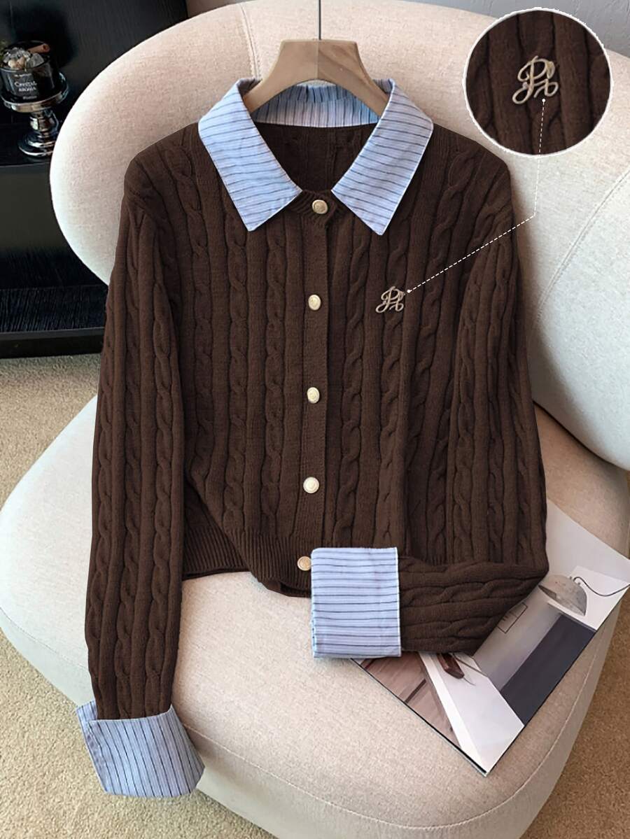 Franclia Fashionable Blogger-Inspired 2 In 1 Patchwork Knit Cropped Cardigan, European And American Style - Chocolate Brown - View 1